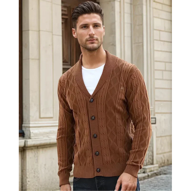 Men's Shawl Collar Cable Knit Cardigan Sweater with Button-Up Front and V-Neck - Image 7