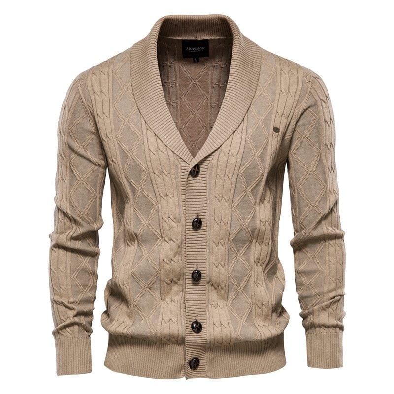 Men's Shawl Collar Cable Knit Cardigan Sweater with Button-Up Front and V-Neck - Image 8