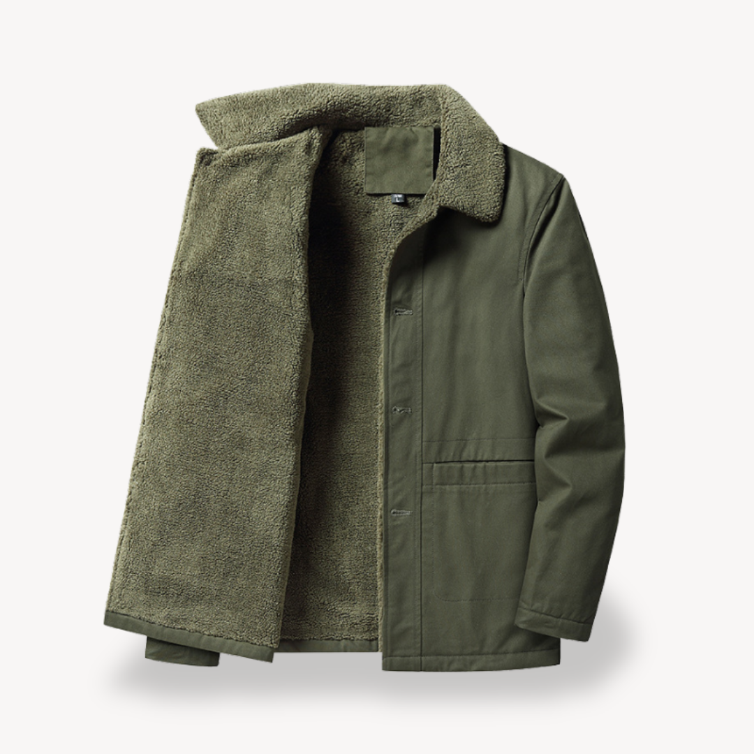 Men's Sherpa Lined Canvas Jacket with Button Front and Fold Collar - Image 5