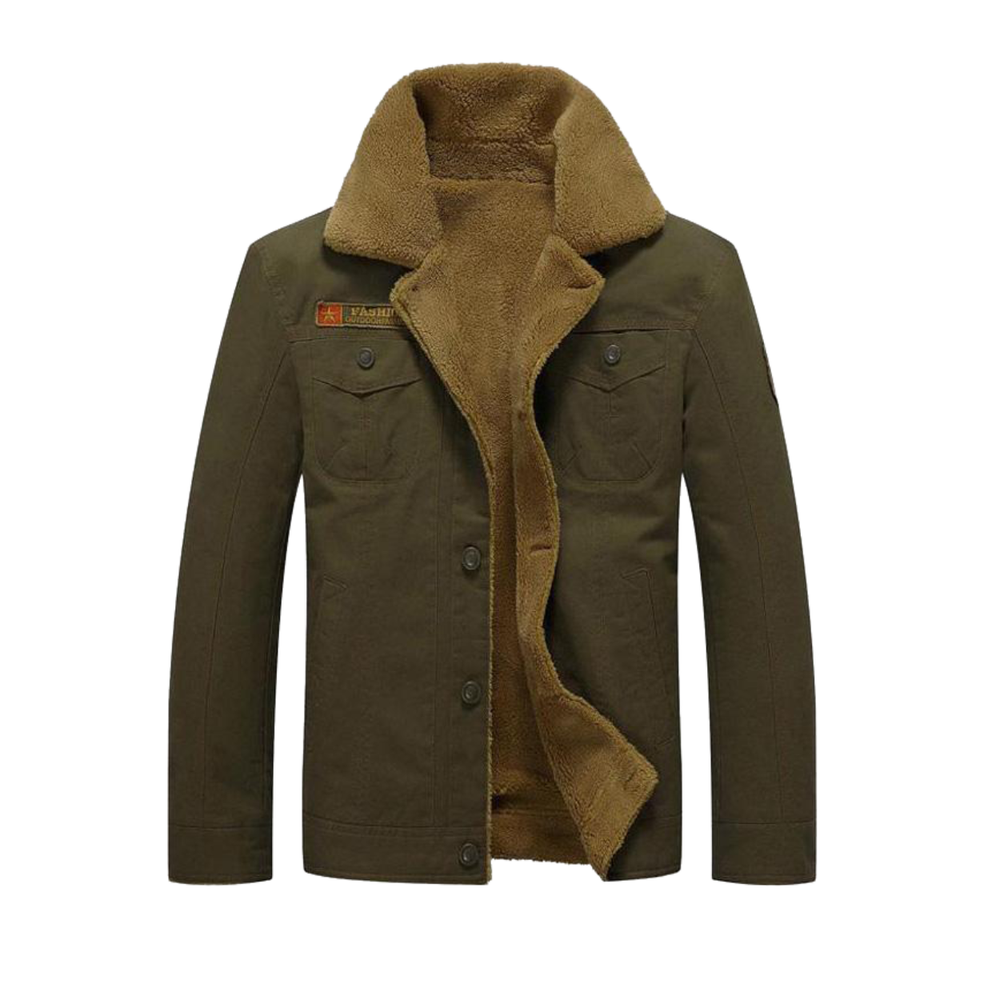 Men's Sherpa Lined Canvas Utility Jacket with Fleece Collar and Button Pockets - Image 1