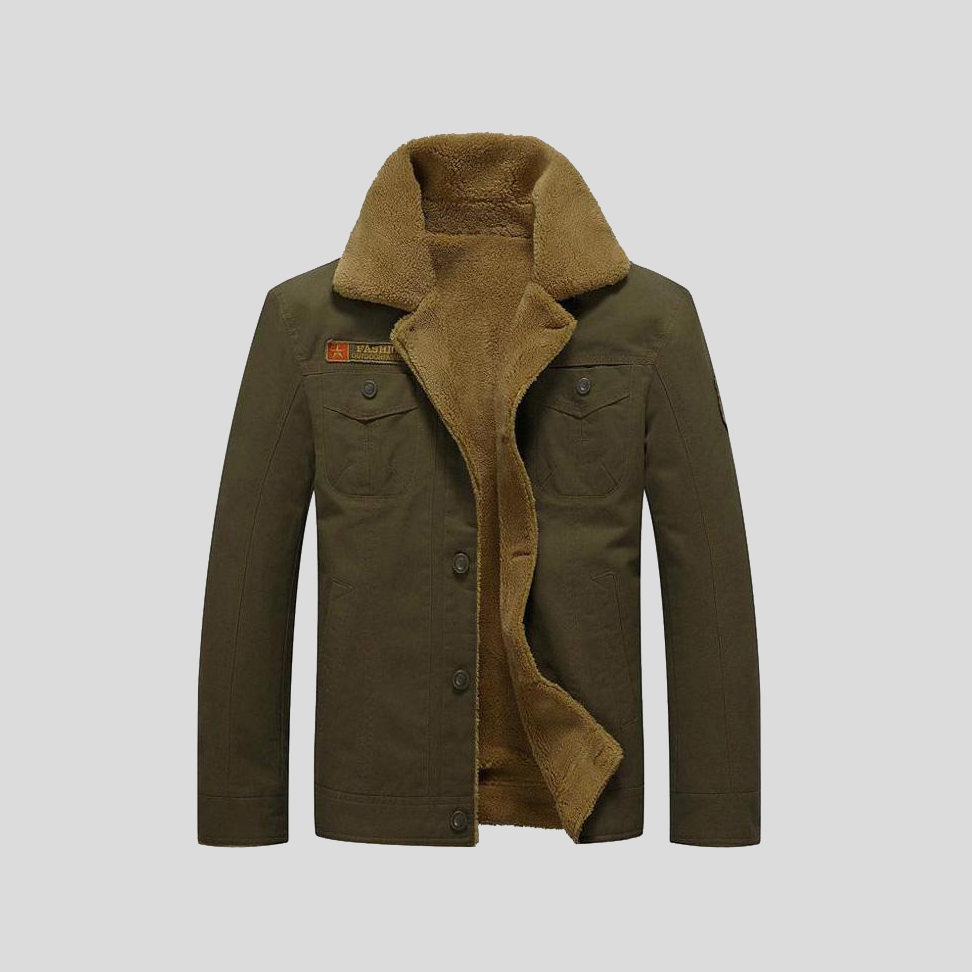 Men's Sherpa Lined Canvas Utility Jacket with Fleece Collar and Button Pockets - Image 2