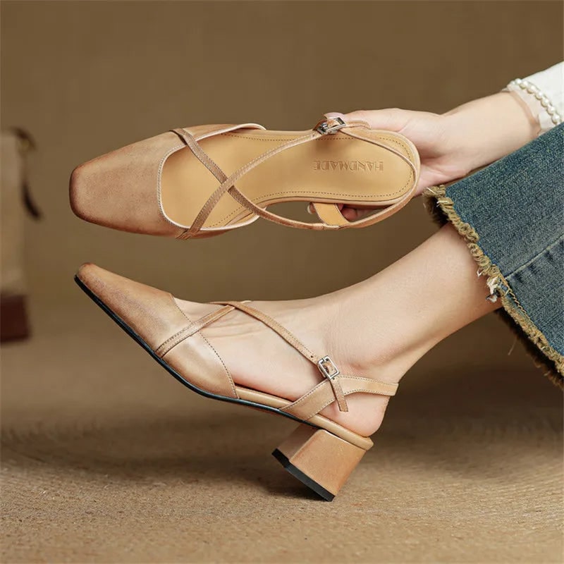 Men's Slingback Block Heels with Square Toe and Adjustable Buckle Strap - Image 11