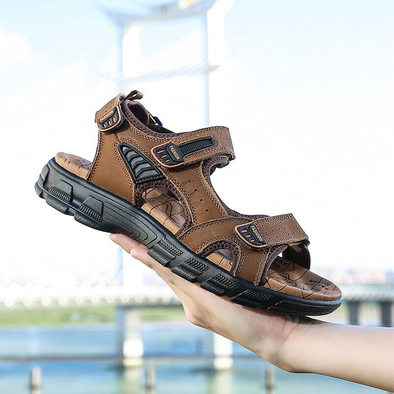 Men's Sport Leather Sandals with Adjustable Hook and Loop Straps for Comfort - Image 6