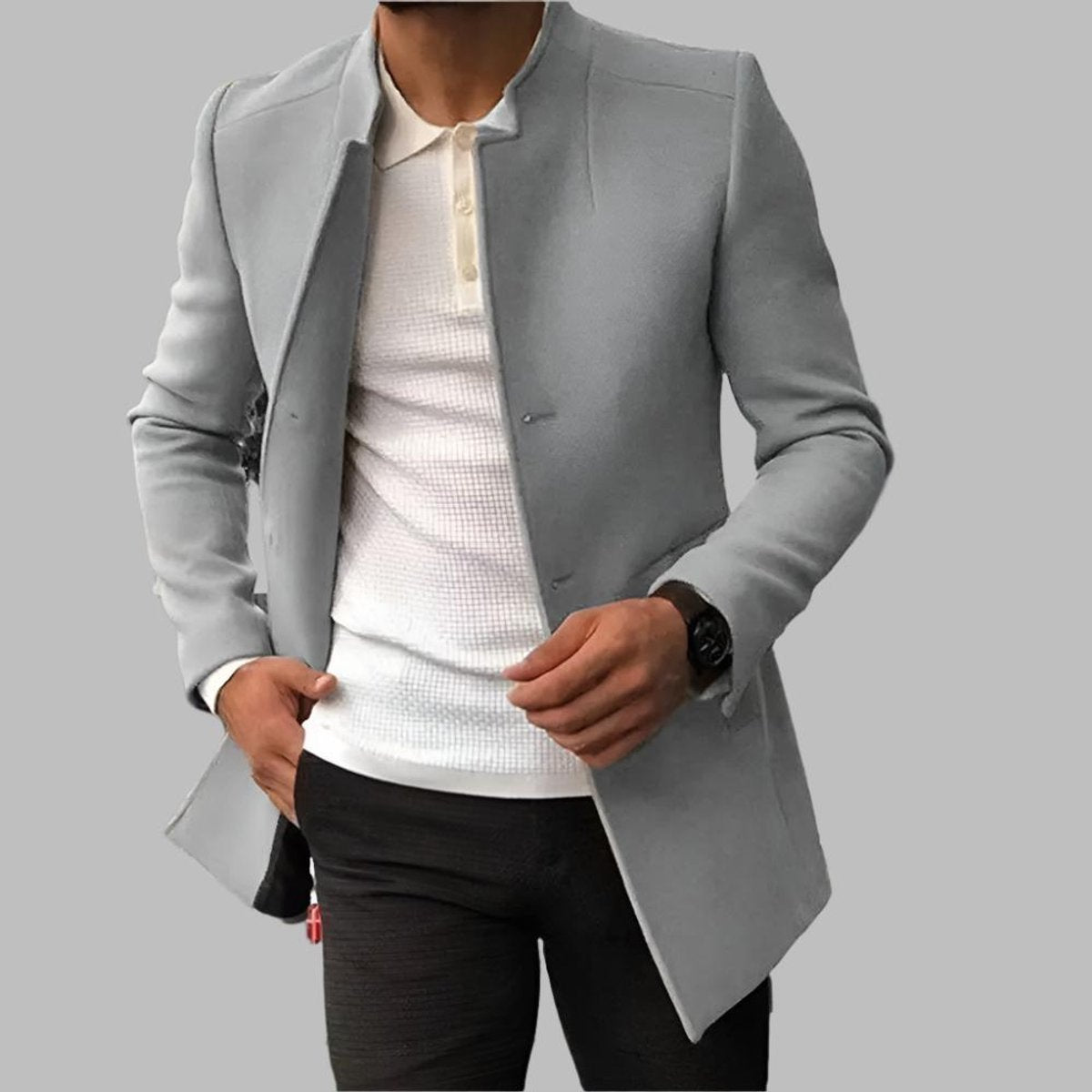 Men's Stand Collar Wool Blend Overcoat Slim Fit Button Front - Image 4