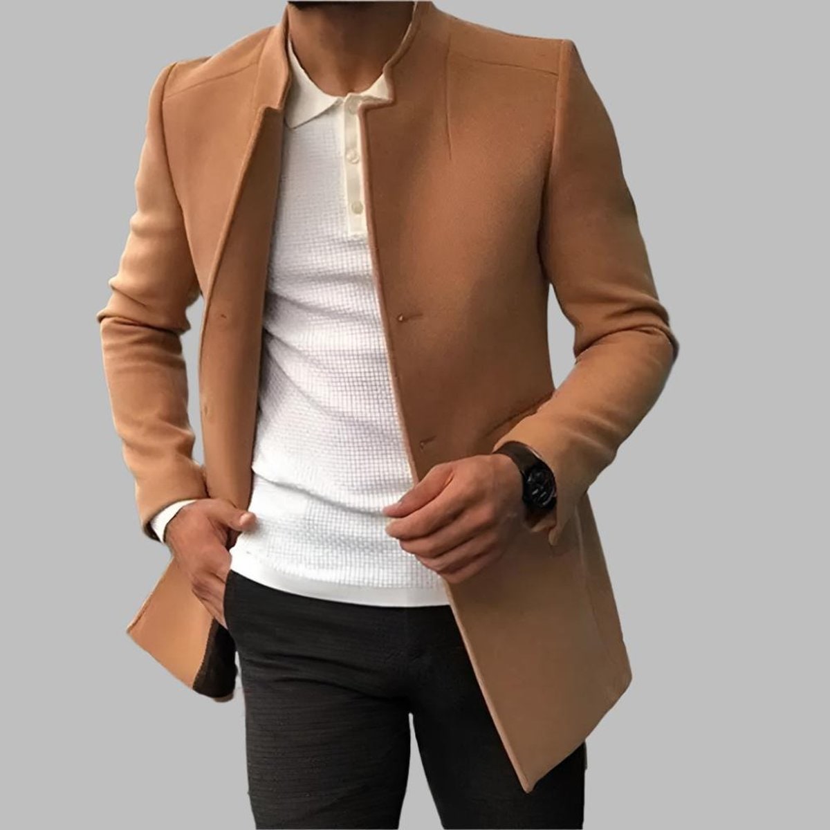Men's Stand Collar Wool Blend Overcoat Slim Fit Button Front - Image 5