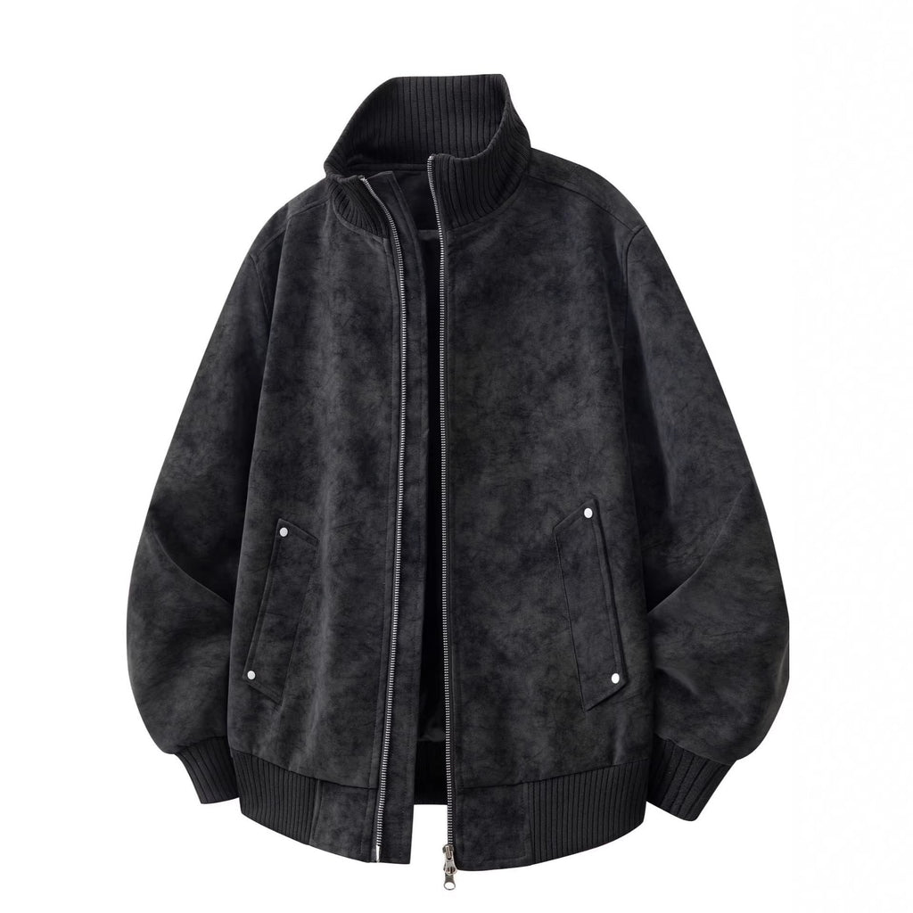 Men's Suede Bomber Jacket with Ribbed Funnel Neck Leather - Image 3