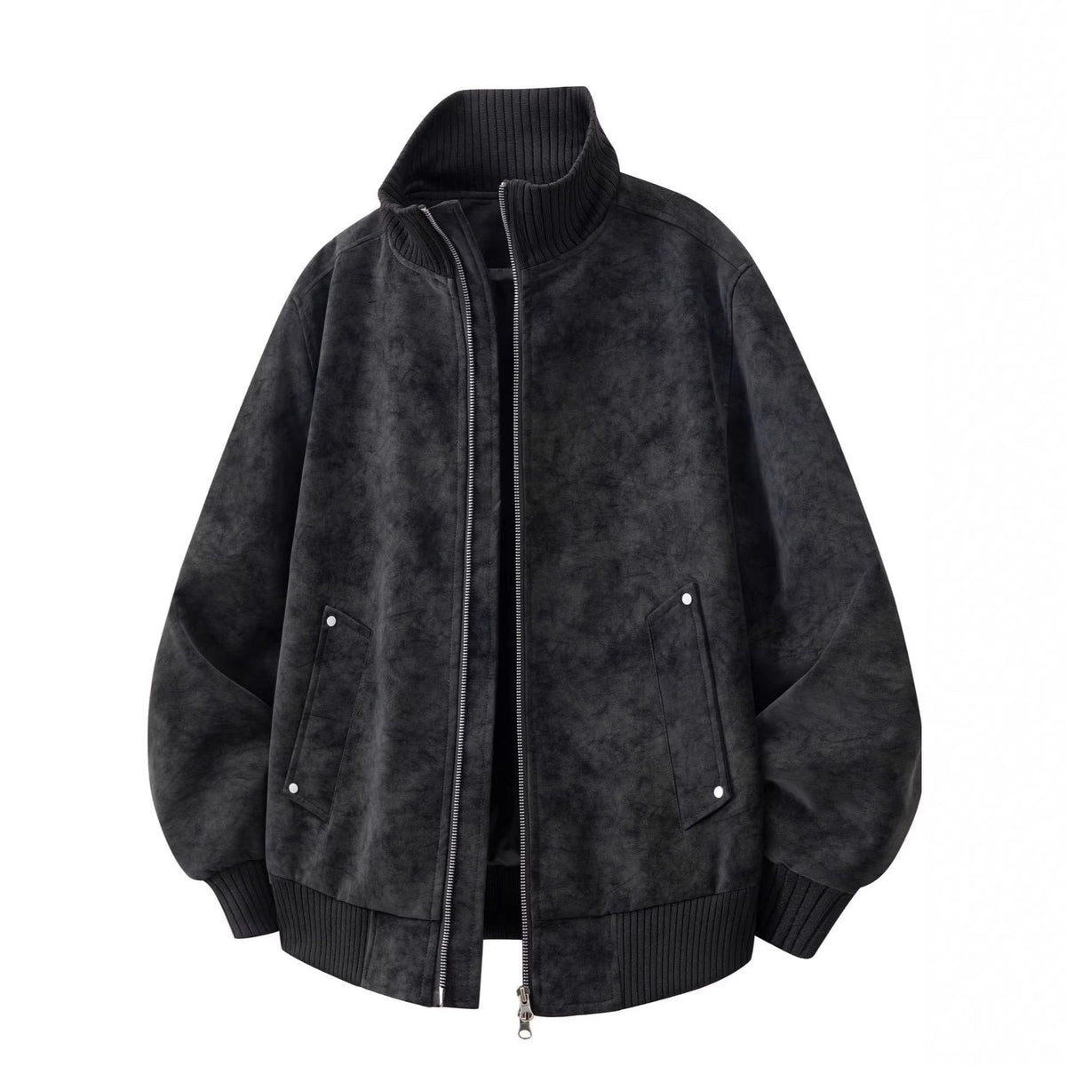 Men's Suede Bomber Jacket with Ribbed Funnel Neck Leather - Image 3