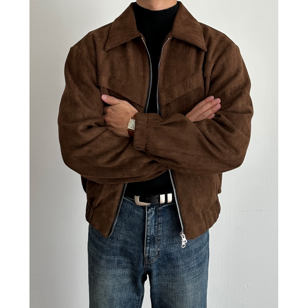 Men's Suede Bomber Jacket with Zip Collar and Elasticated Hem - Image 2