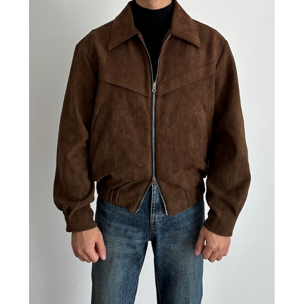 Men's Suede Bomber Jacket with Zip Collar and Elasticated Hem - Image 3