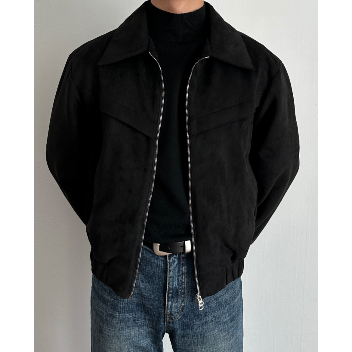 Men's Suede Bomber Jacket with Zip Collar and Elasticated Hem - Image 5