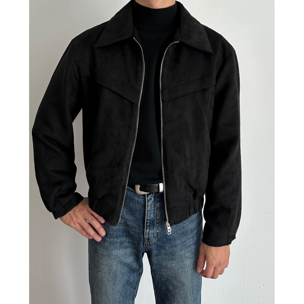Men's Suede Bomber Jacket with Zip Collar and Elasticated Hem - Image 7