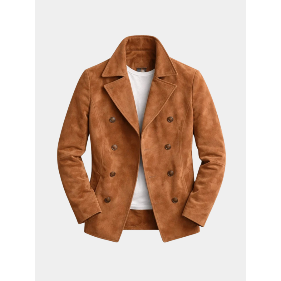 Men's Suede Pea Coat Double Breasted with Notch Lapel - Image 1