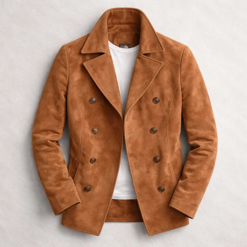 Men's Suede Pea Coat Double Breasted with Notch Lapel - Image 2