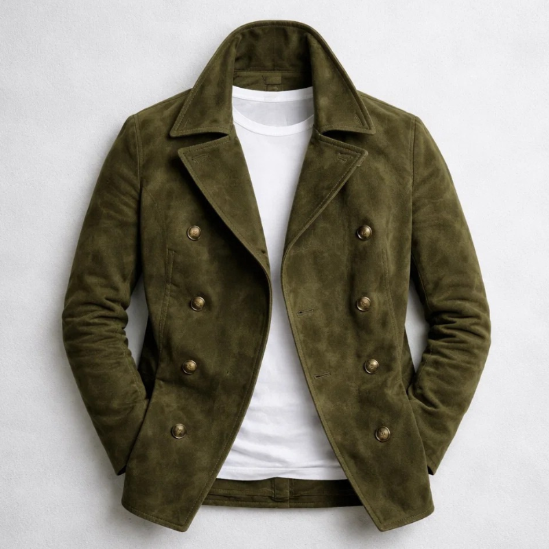 Men's Suede Pea Coat Double Breasted with Notch Lapel - Image 3