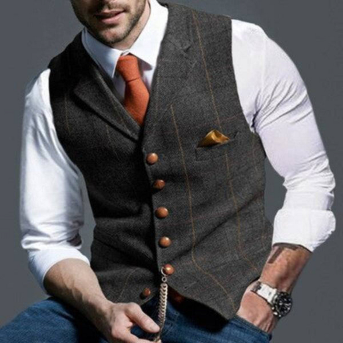 Men's Suit Vest with Plaid Pattern and Notched Lapels - Image 4