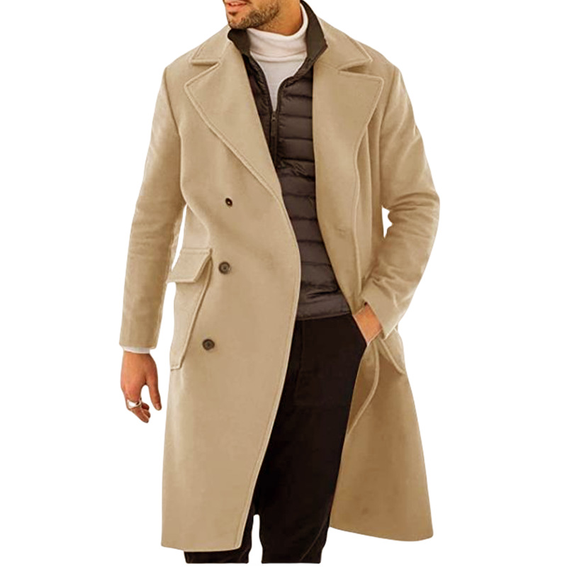 Men's Trench Coat Long Double-Breasted Wool Blend Overcoat with Notched Lapels - Image 2