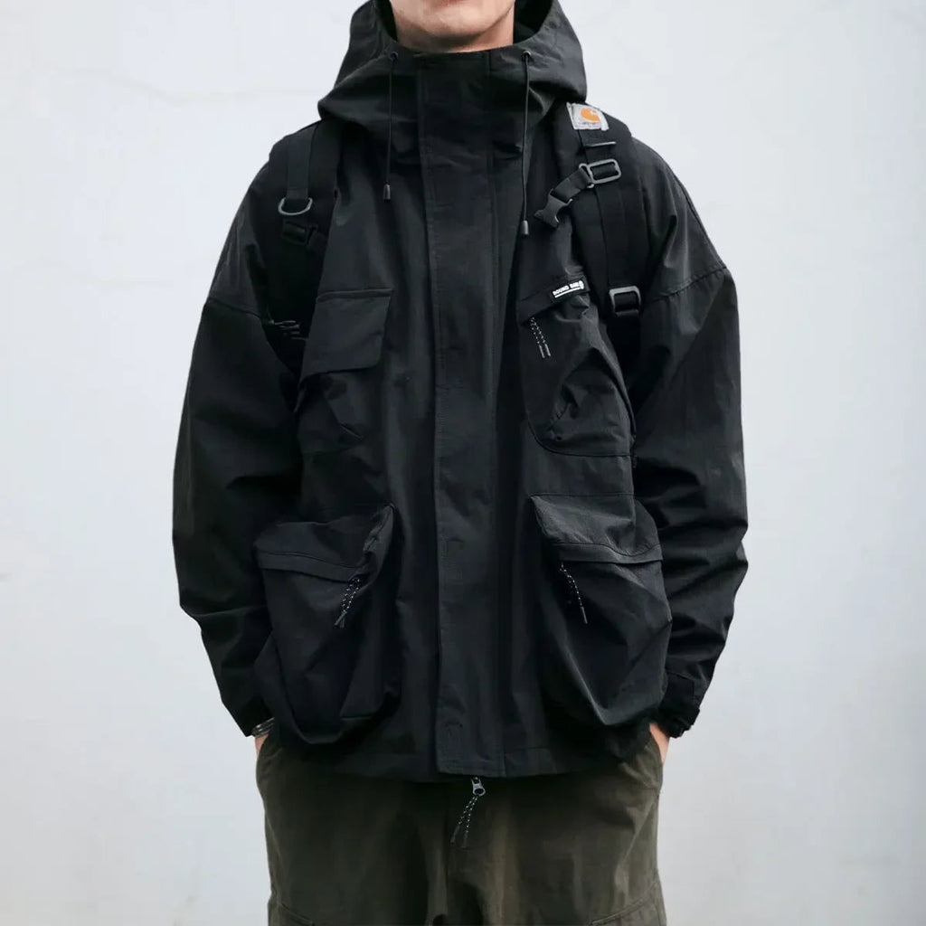 Men's Utility Windbreaker Work Jacket with Hooded Design and Cargo Pockets - Image 3