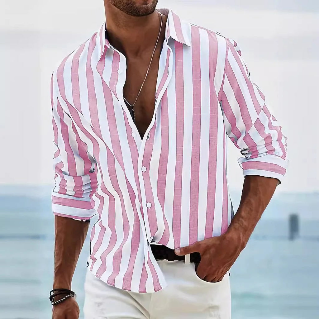 Men's Vertical Striped Button Down Shirt Long Sleeve Casual | Point Collar - Image 3