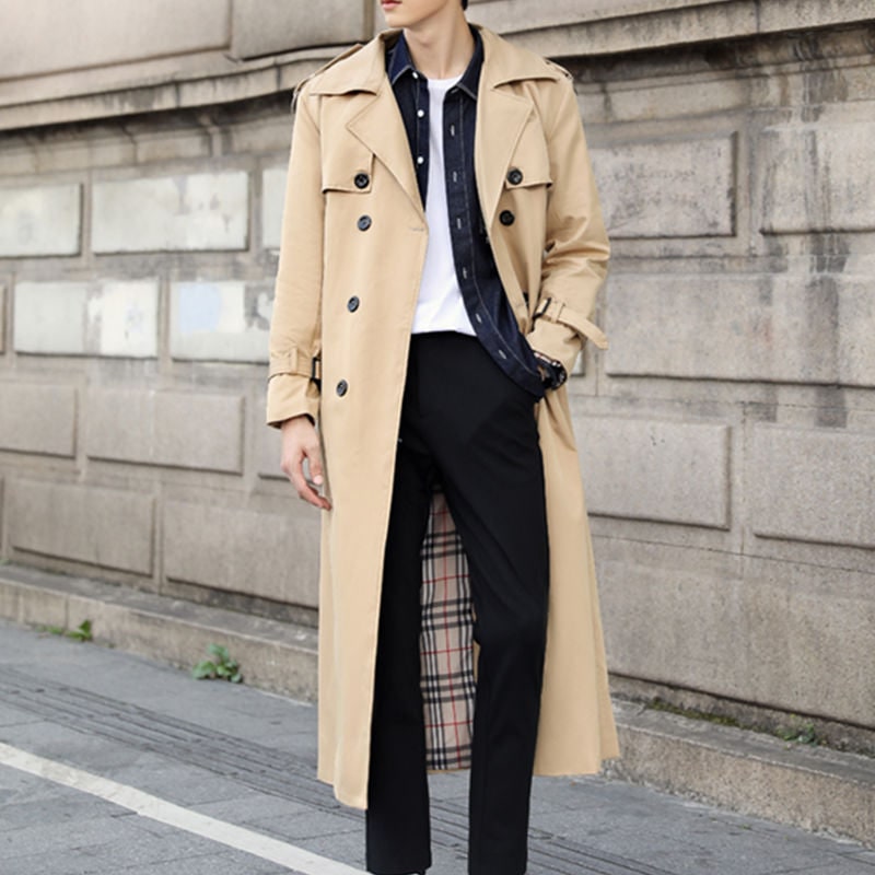 Men's Water Resistant Long Trench Coat Double Breasted with Belted Waist - Image 1