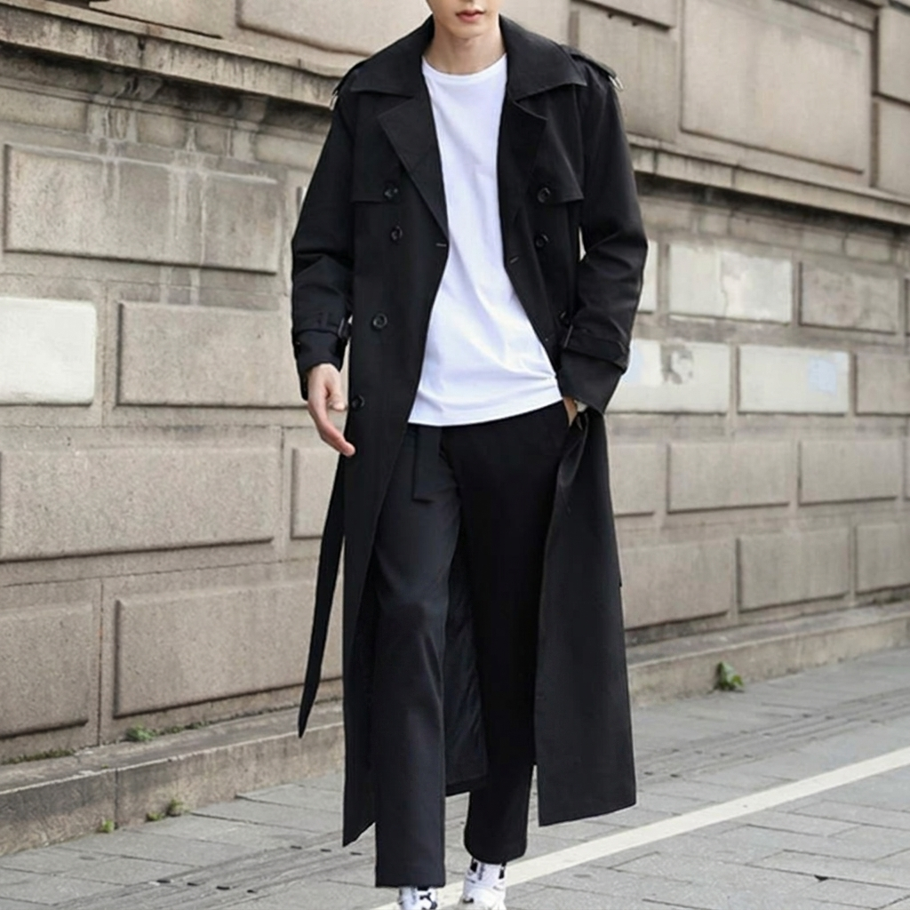 Men's Water Resistant Long Trench Coat Double Breasted with Belted Waist - Image 5