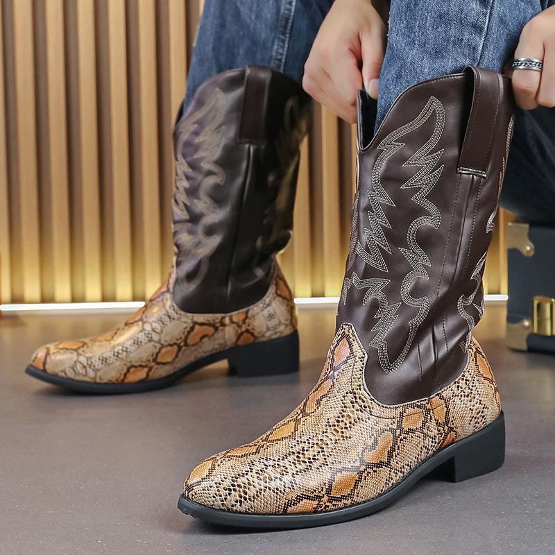 Men's Western Cowboy Boots with Snakeskin Print and Pull Tabs - Image 1