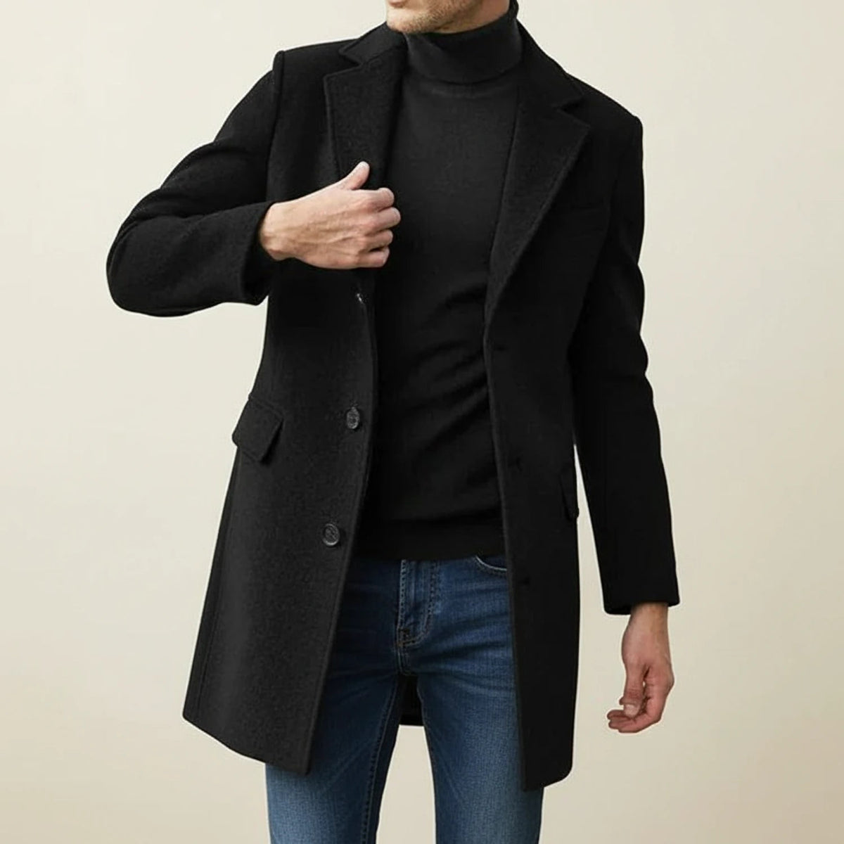 Men's Wool Overcoat Long Single-Breasted Notched Lapel Dress Coat - Image 1