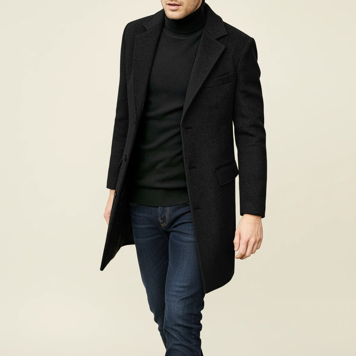 Men's Wool Overcoat Long Single-Breasted Notched Lapel Dress Coat - Image 2