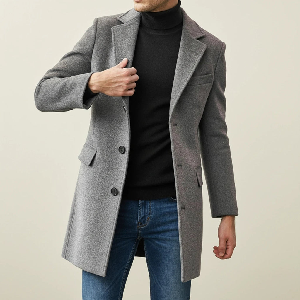 Men's Wool Overcoat Long Single-Breasted Notched Lapel Dress Coat - Image 3