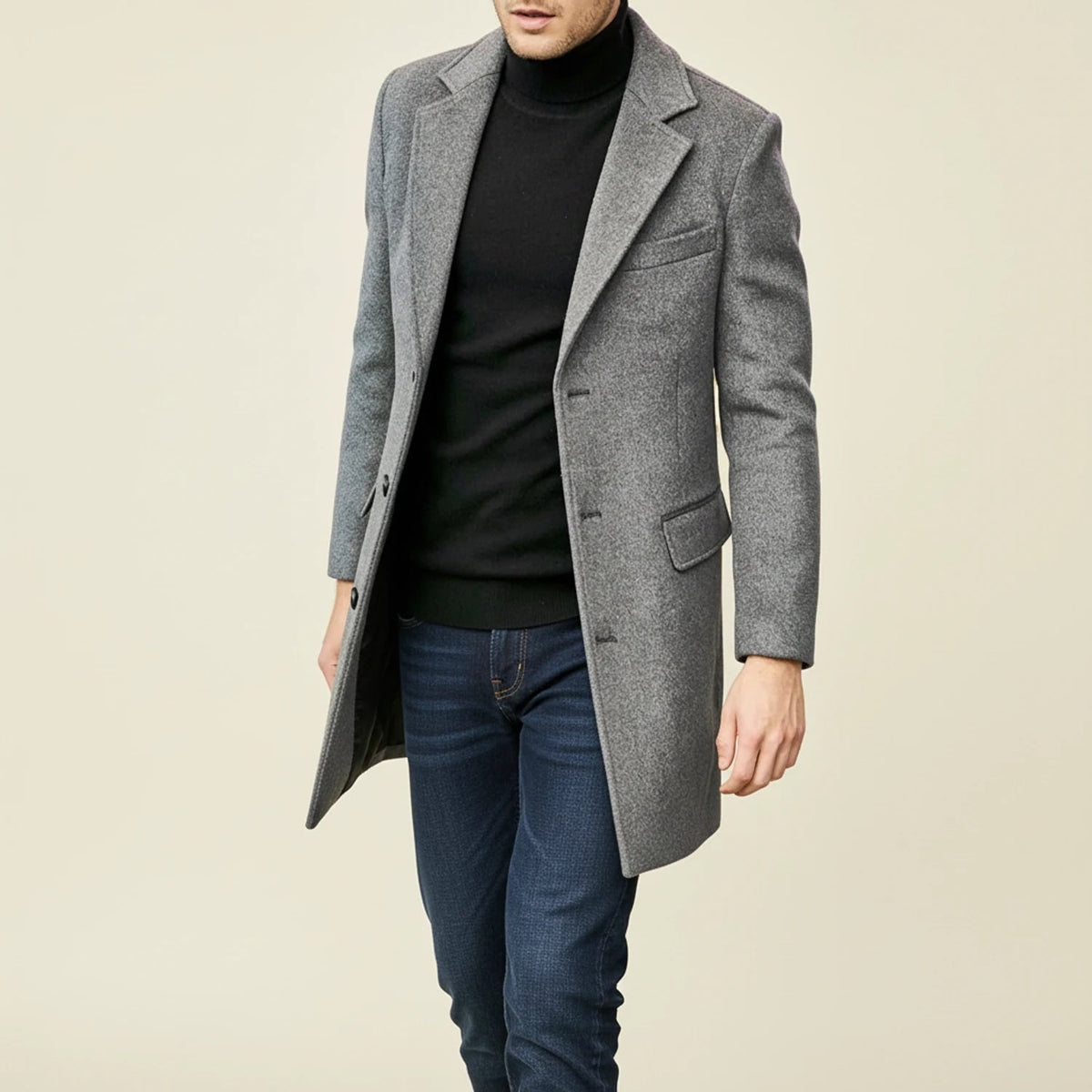 Men's Wool Overcoat Long Single-Breasted Notched Lapel Dress Coat - Image 4