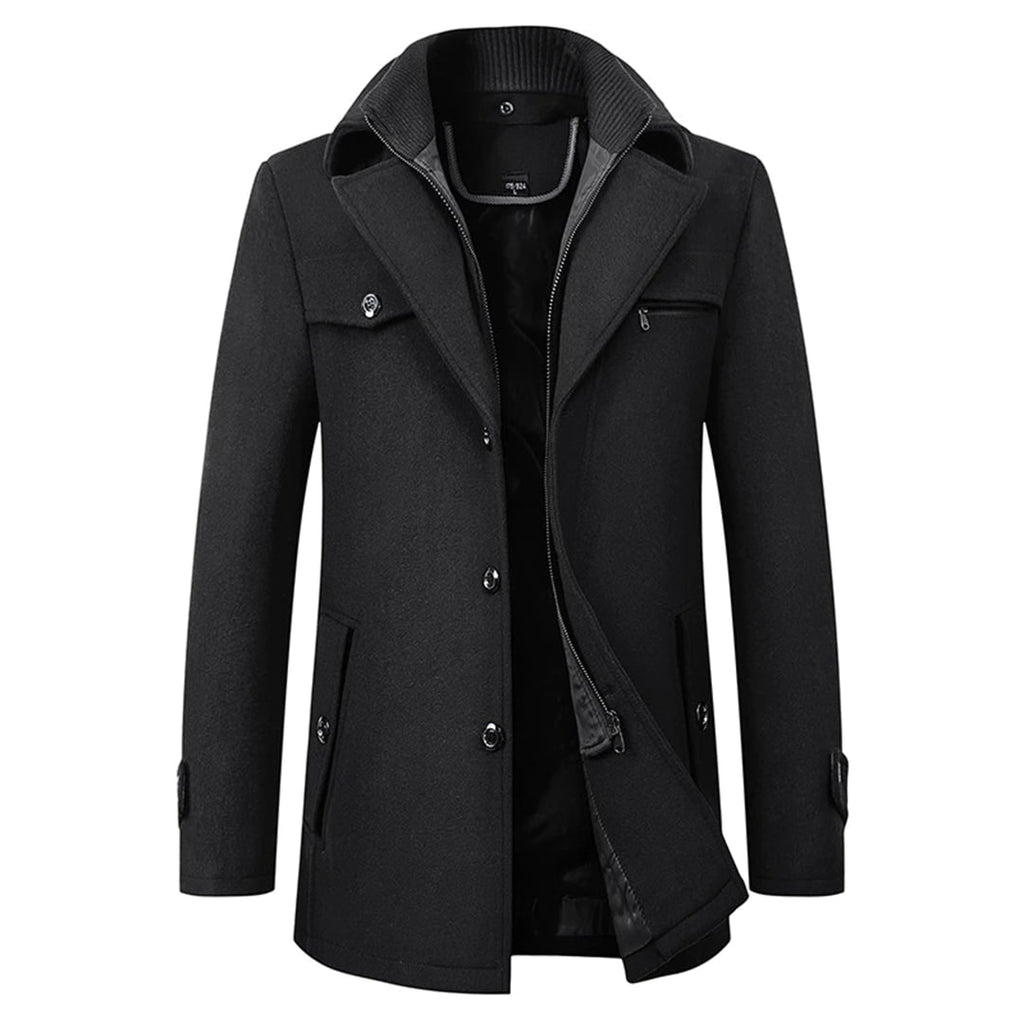 Men's Wool Pea Coat Overcoat with Notch Lapel and Zip Inner Bib - Image 1