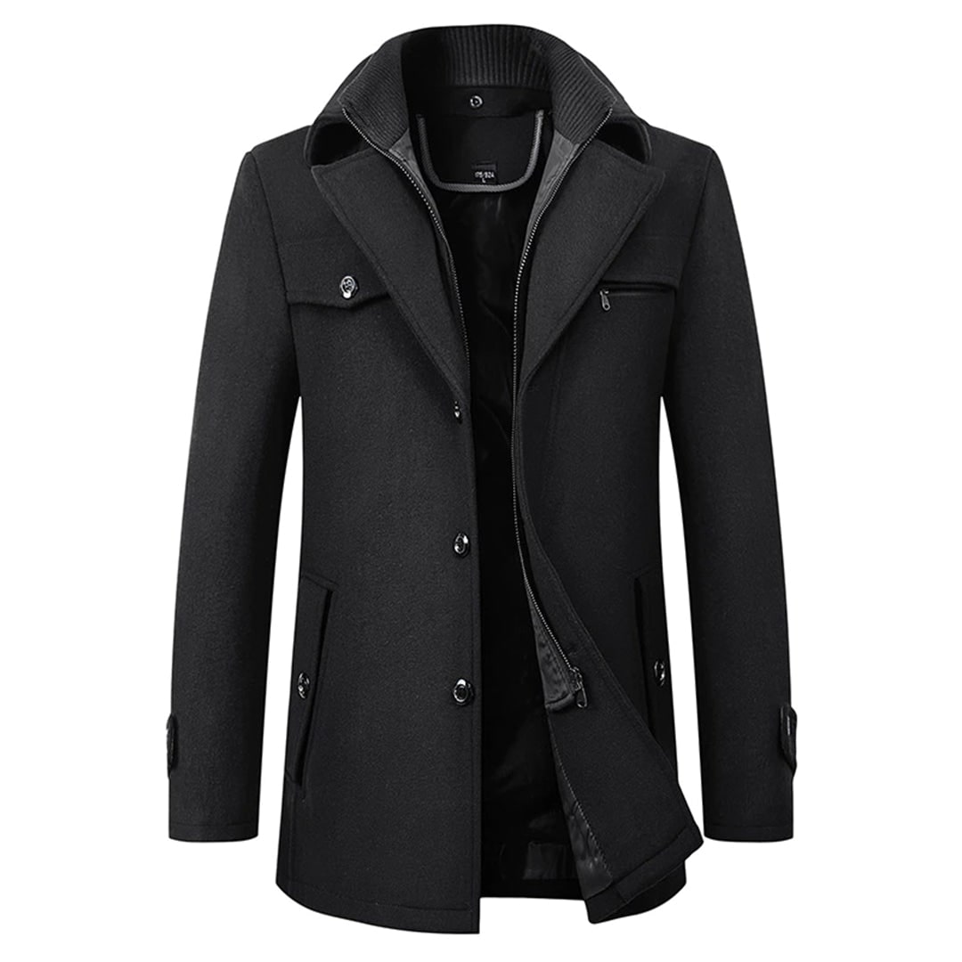Men's Wool Pea Coat Overcoat with Notch Lapel and Zip Inner Bib - Image 1