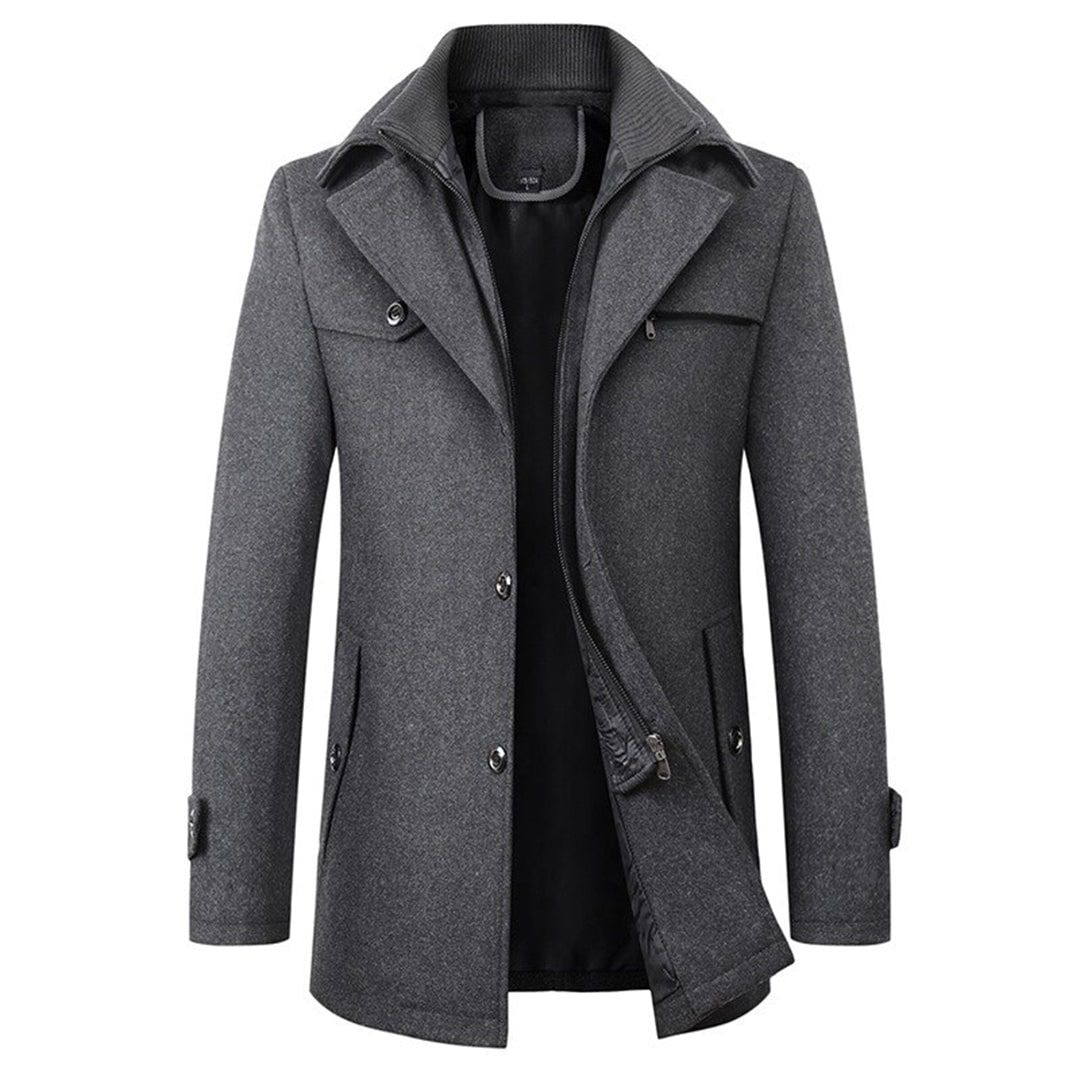 Men's Wool Pea Coat Overcoat with Notch Lapel and Zip Inner Bib - Image 3