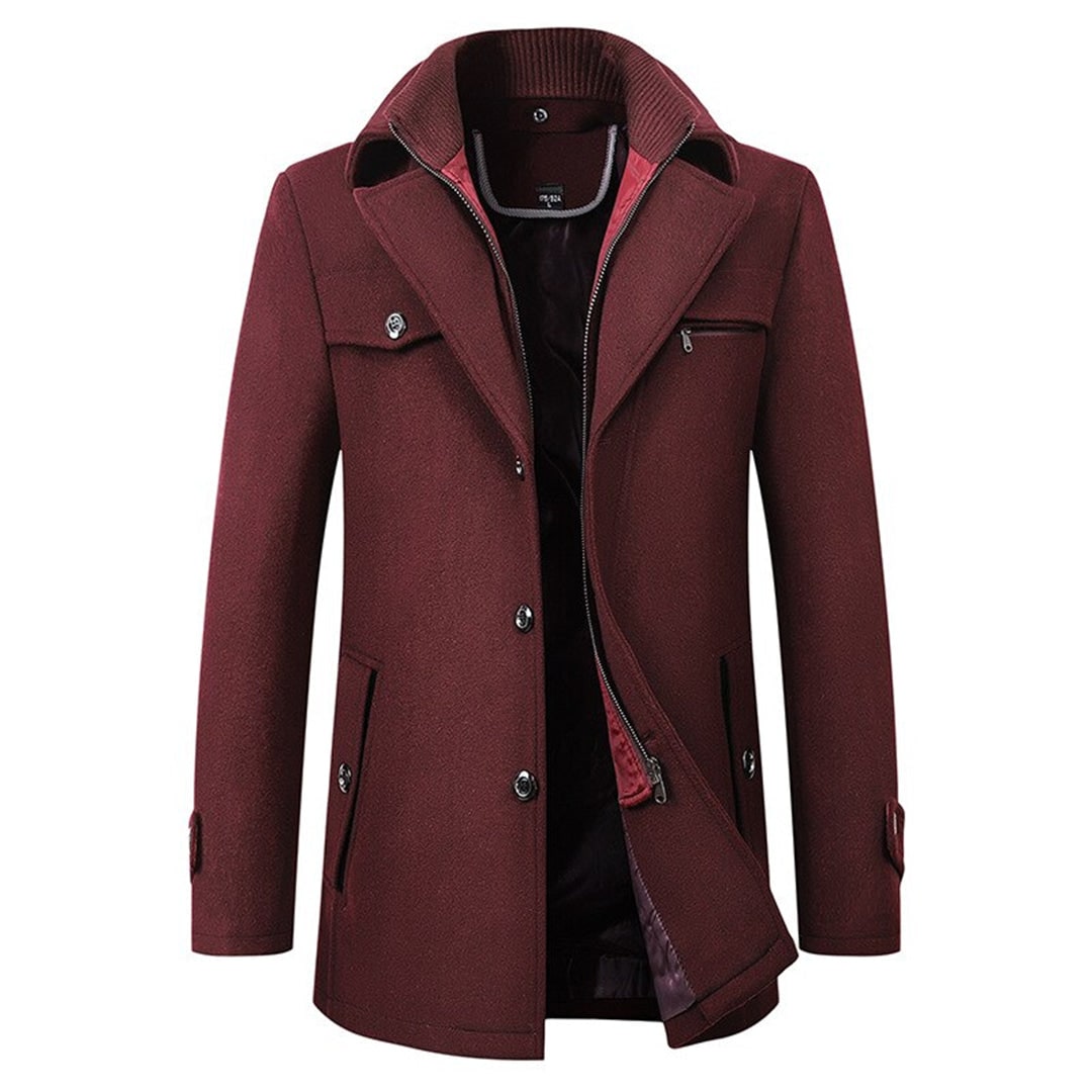 Men's Wool Pea Coat Overcoat with Notch Lapel and Zip Inner Bib - Image 4