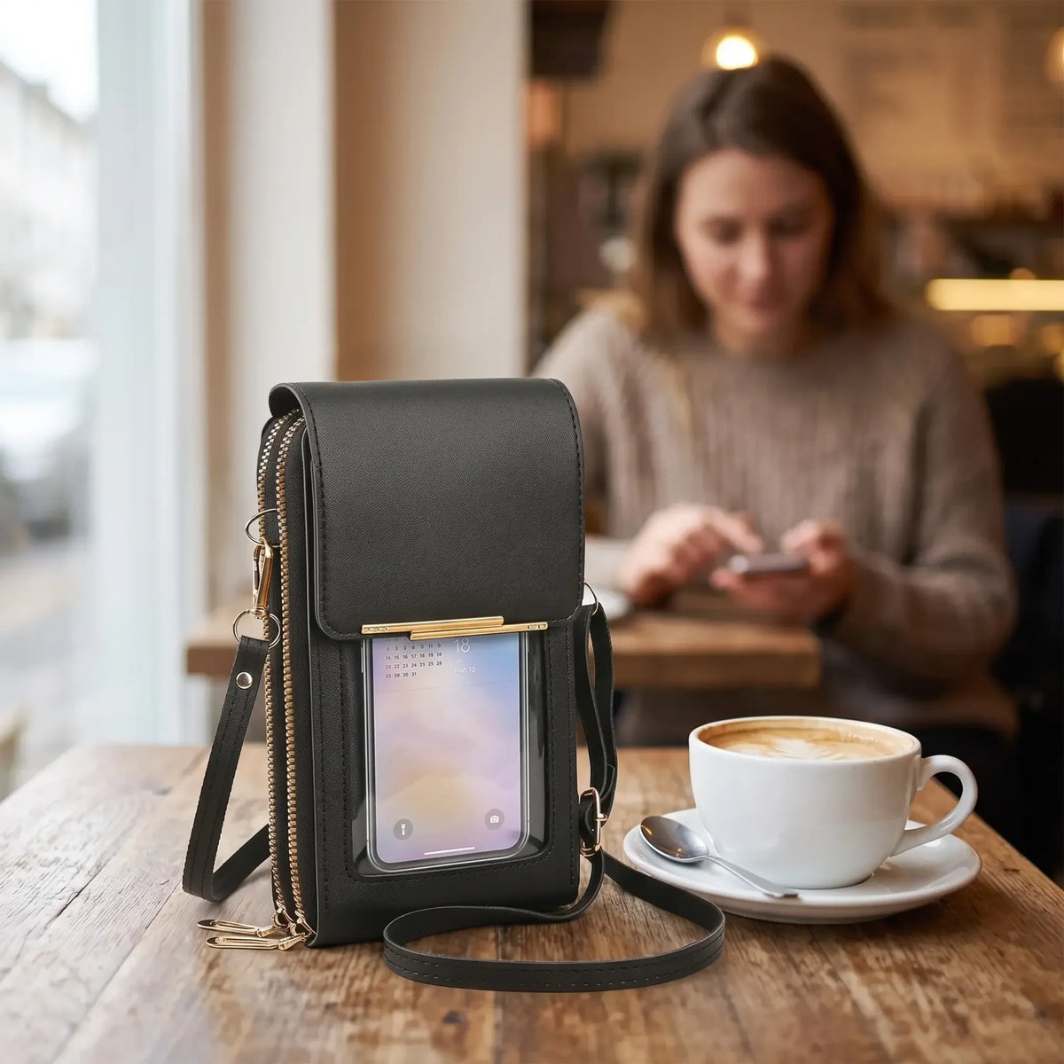 Mini Leather Crossbody Bag with Clear Touchscreen Window and RFID Blocking - Image 2