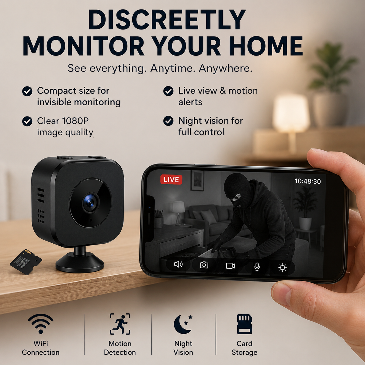 Mini Security Camera with WIFI Remote Monitoring and Magnetic Stand - Image 1