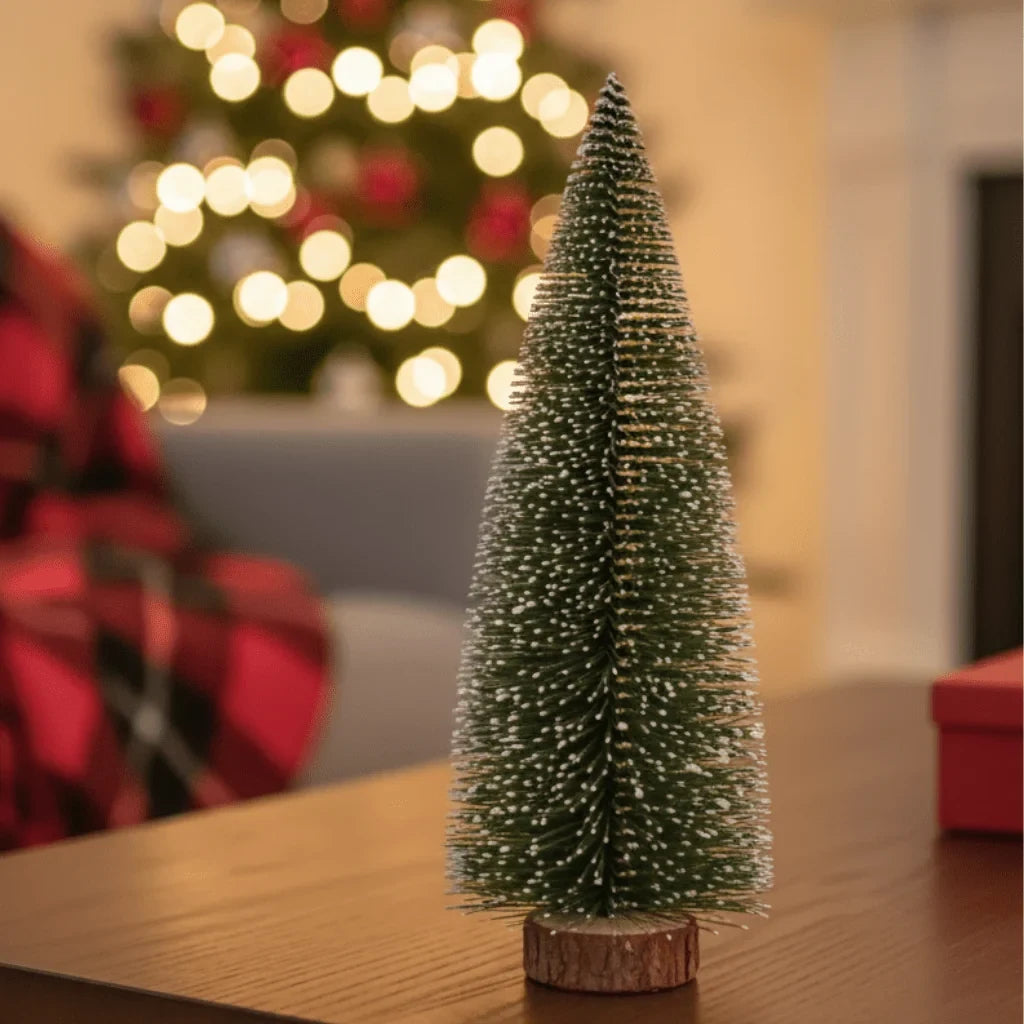 Miniature Christmas Trees with White Flocked Snow Covered Bottle Brush and Wooden Base - Image 1