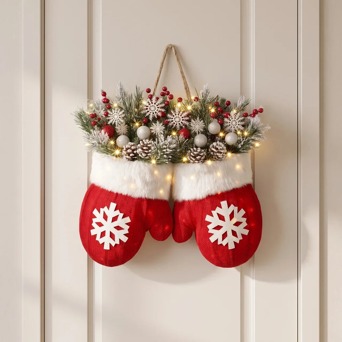 Outdoor Christmas Lights Door Hanger with LED Frosted Pinecones and Faux Greenery - Image 1