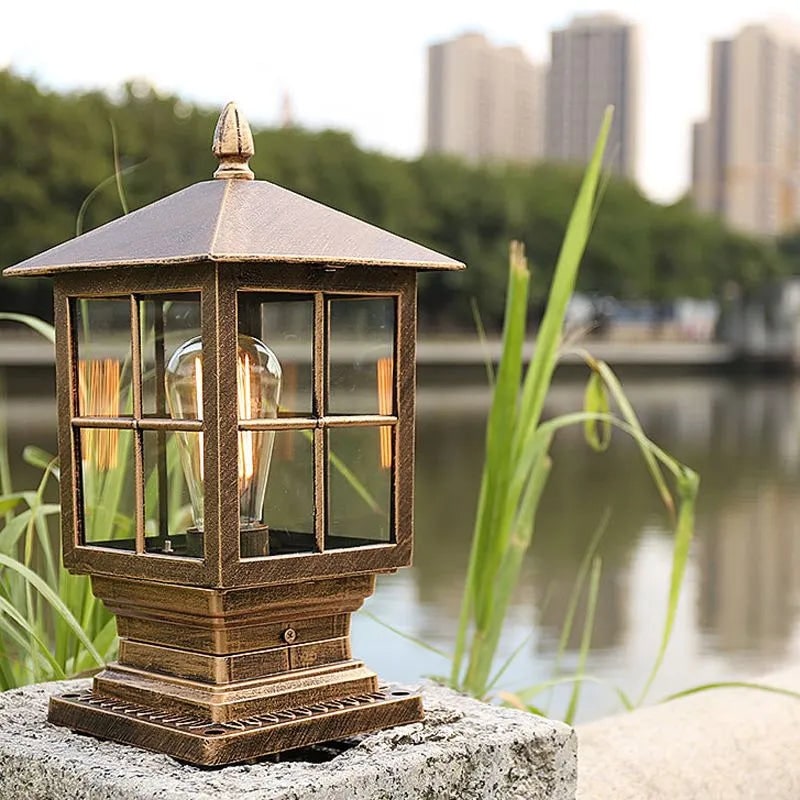 Outdoor Post Light Fixtures with Lantern Design Weather Resistant Glass Panels and Pyramid Roof - Image 4