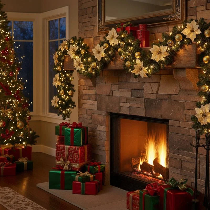 Pre-Lit Christmas Garland with LED Lights Ornaments and Poinsettia Flowers - Image 2