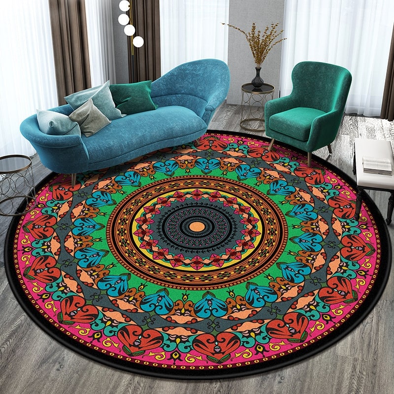 Round Area Rug with Geometric Mandala Pattern and Low Pile Flat Weave - Image 1