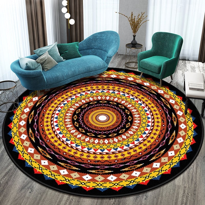 Round Area Rug with Geometric Mandala Pattern and Low Pile Flat Weave - Image 3