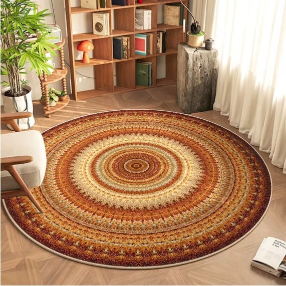 Round Area Rug with Geometric Mandala Pattern and Low Pile Flat Weave - Image 4