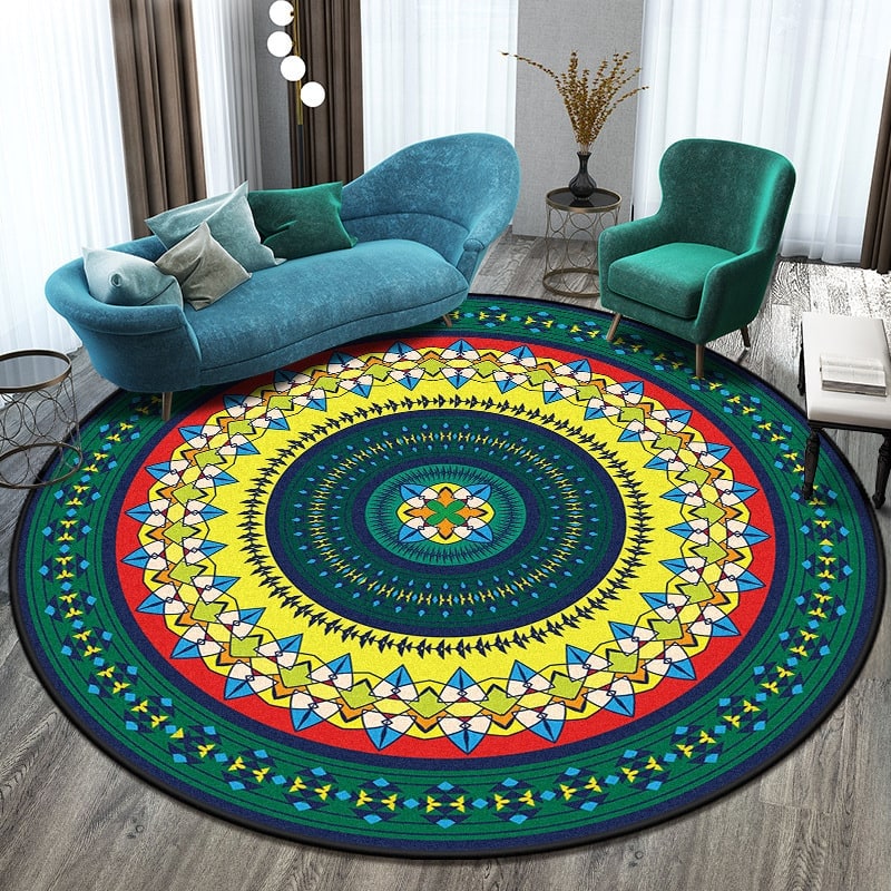 Round Area Rug with Geometric Mandala Pattern and Low Pile Flat Weave - Image 5
