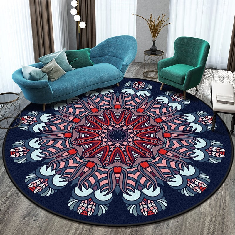 Round Area Rug with Geometric Mandala Pattern and Low Pile Flat Weave - Image 6