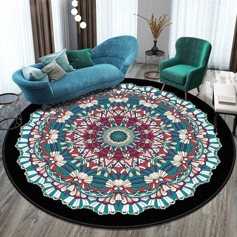 Round Area Rug with Geometric Mandala Pattern and Low Pile Flat Weave - Image 7