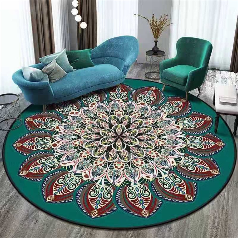 Round Area Rug with Geometric Mandala Pattern and Low Pile Flat Weave - Image 8