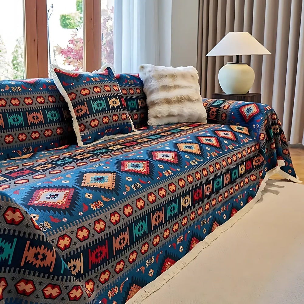 Sofa Throw Blanket with Geometric Boho Pattern and Fringe Trim - Image 1