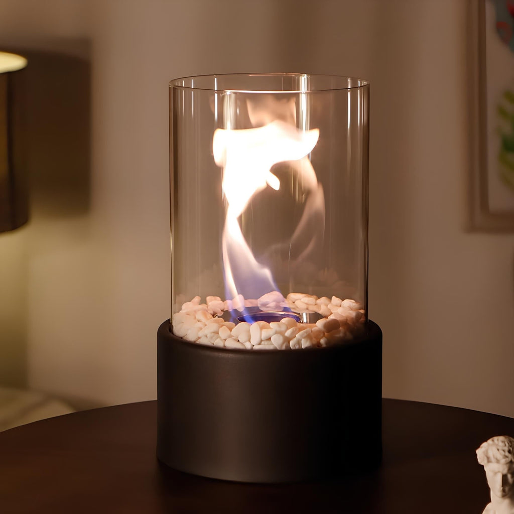 Tabletop Fire Pit Smokeless Portable with Glass Cylinder and Decorative Stones - Image 3