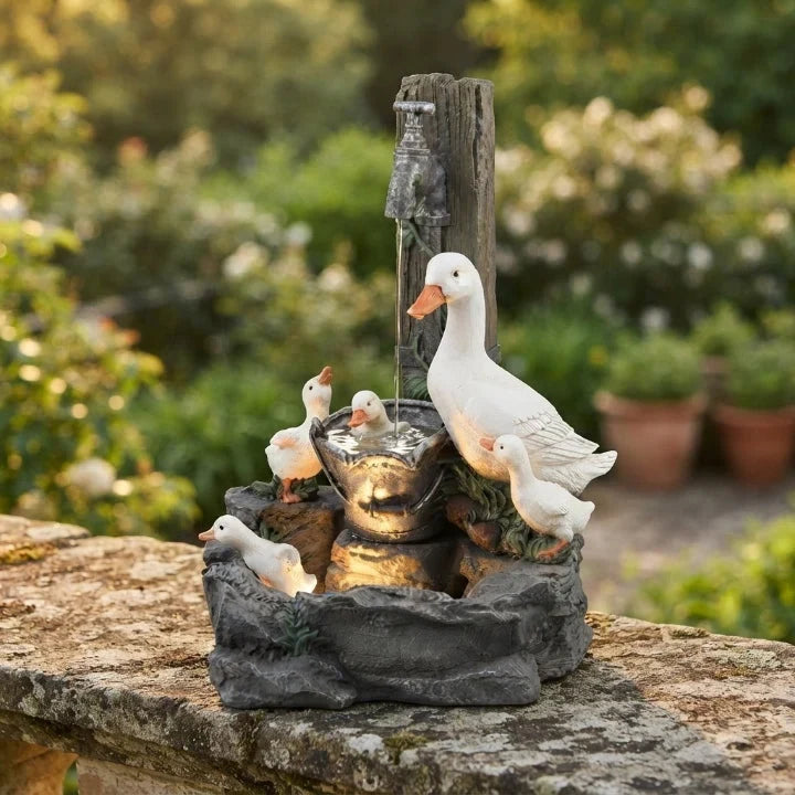 Tabletop Water Fountain with Solar Power and Hand-Painted Animal Figures LED Lighting - Image 1