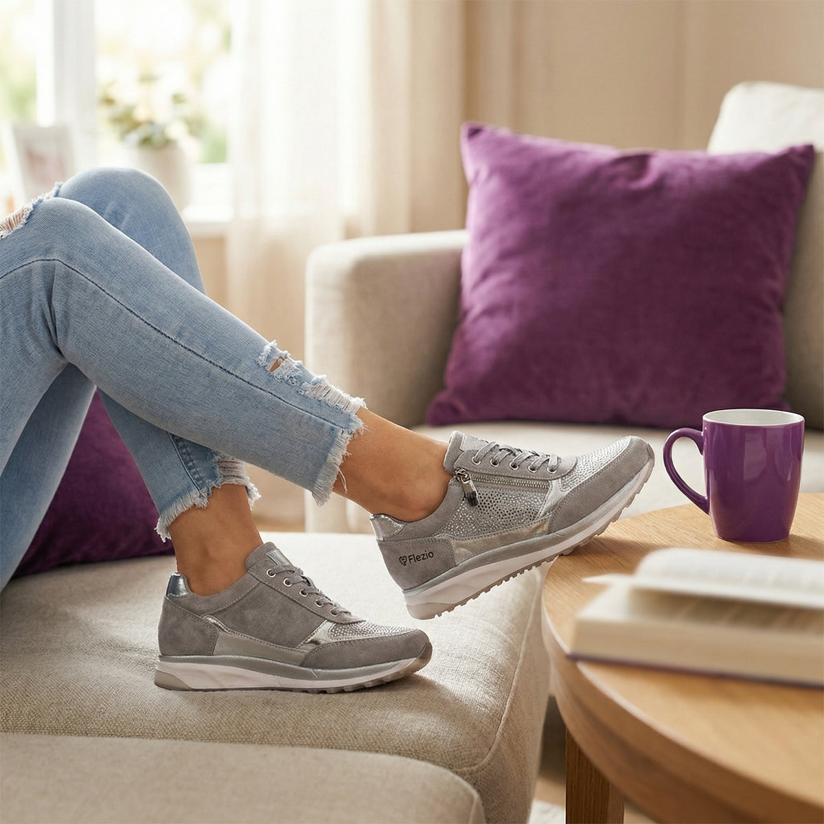 Baskets compensées pour femmes avec fermeture éclair latérale et strass